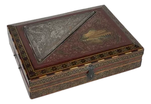 A Fine Persian Hand Painted, Khatam Kari Mounted Silver Jewelry Box