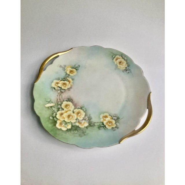 1900's Bavarian Gilt Handled Green & Yellow Floral Porcelain Cake Plate For Sale - Image 4 of 13