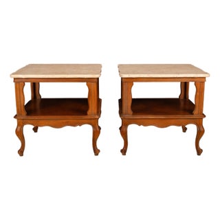 Pair of Vintage Queen Anne Carved Side Tables W/ Portuguese Marble Tops For Sale
