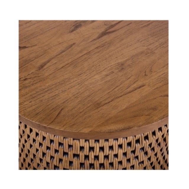 Decorative End Table that's statement-making! This basket weave pattern frame and solid Mindi wood round top highlights...