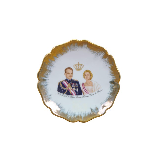 Four vintage Limoges porcelain souvenir plates from the wedding of Prince Rainier and Princess Grace of Monaco, featuring...