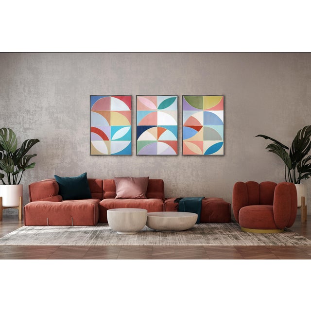 Pink 2026, Color Field Bauhaus Triptych of Modernist Floral Axis, Modern Painting on Watercolor Paper by Natalia Roman For Sale - Image 8 of 11