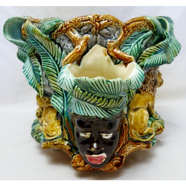 Late 19th Century Antique French Onnaing Majolica Blackamoor and Lions Jardinière, C. 1900 For Sale - Image 5 of 12