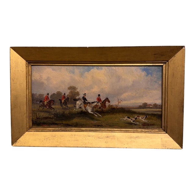 Antique English Hunt Scene Oil on Board For Sale