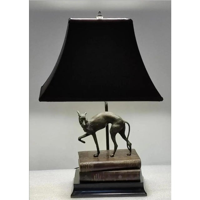 Vintage 1980s Bronze Whippet / Greyhound Dog Standing on Stacked Books Lamp For Sale - Image 4 of 12