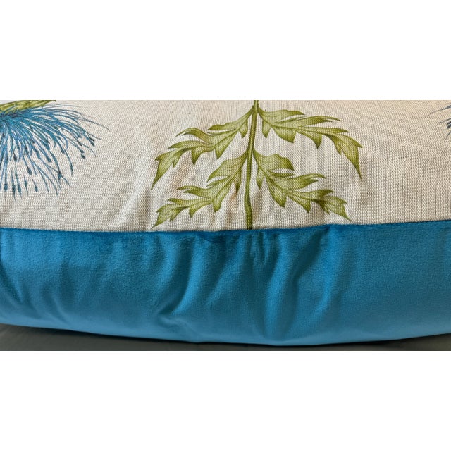 Large Bolster Pillow Adorned With a Stately Blue Thistle Floral Pattern on a Linen Background and Lush Blue Velvet/Velour Back - Made in U K For Sale - Image 9 of 11