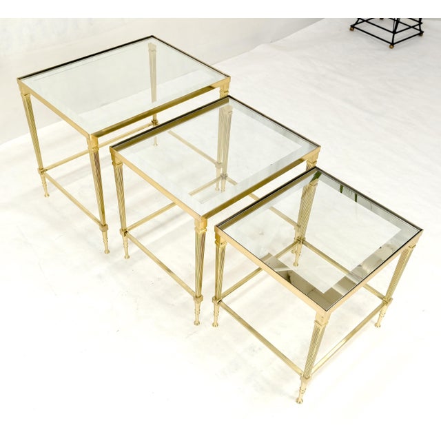Fine Polished Brass Glass Mirrored Frames Tops Nesting Side Tables Stands Redone For Sale - Image 9 of 16