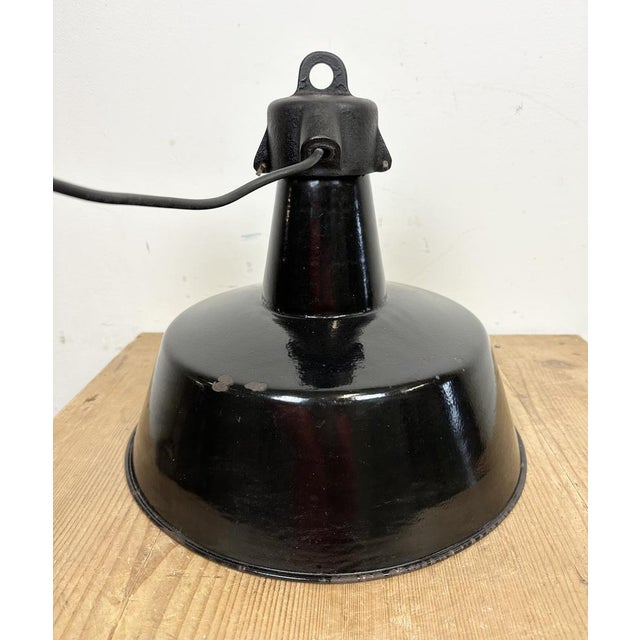 Industrial Black Enamel Factory Lamp with Cast Iron Top, 1960s For Sale - Image 12 of 15