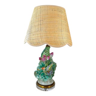 Circa 70's Majolica Lotus & Bird Wildwood Imports Lamp For Sale