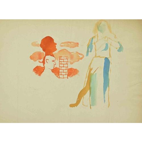 Watercolor on paper realized by Maccari in 1940s. Hand signed lower right. with another watercolor drawing on rear. A...