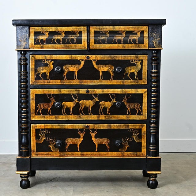 English Vintage Painted Chest with Deer Decoupage For Sale - Image 4 of 12