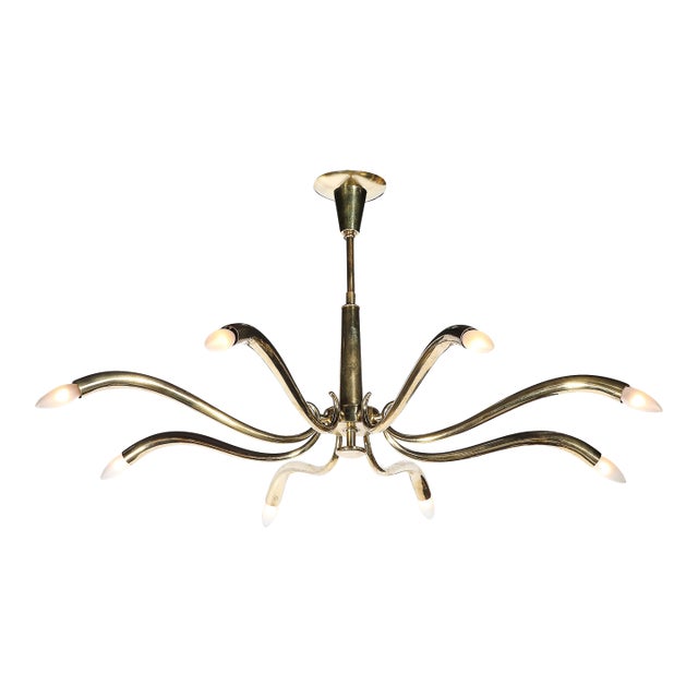 Mid-Century Polished Brass 8-Arm Sculptural Chandelier by Oscar Torlasco For Sale