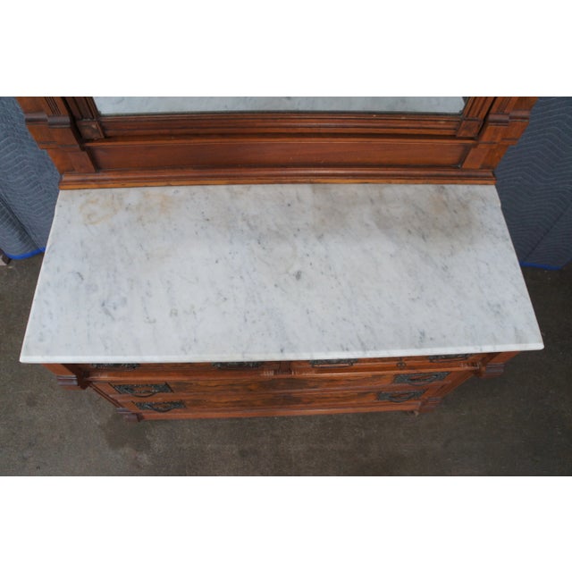 Wood Antique Victorian Eastlake Walnut Burl Marble Top Dresser & Mirror Vanity Chest For Sale - Image 7 of 15