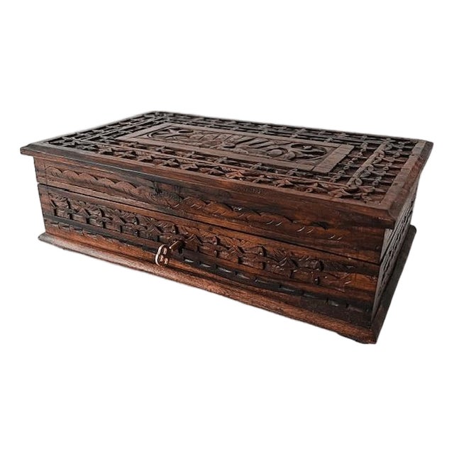 Vintage Indian Handmade Wood Carving Jewelry Box with Lock, 1970s For Sale