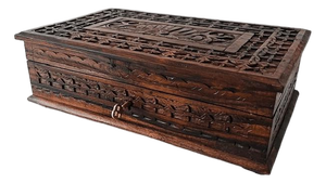 Vintage Indian Handmade Wood Carving Jewelry Box with Lock, 1970s