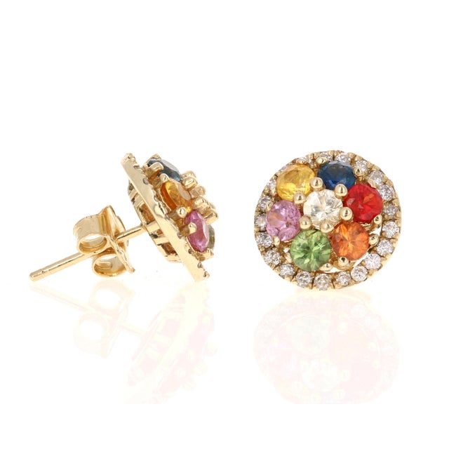 2.49 Carat Multicolor Sapphire Diamond 14 Karat Yellow Gold Earrings - 2 Pieces For Sale - Image 4 of 5