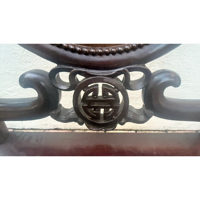 Vintage Chinese Hardwood Armchair With Mother-of-Pearl Inlay and Carved Longevity Motifs For Sale - Image 10 of 15