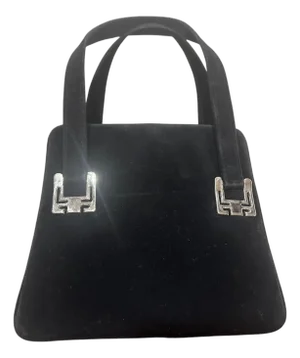 1970s Vintage Black Suede and Silver Plated Metal Italian Evening Bag