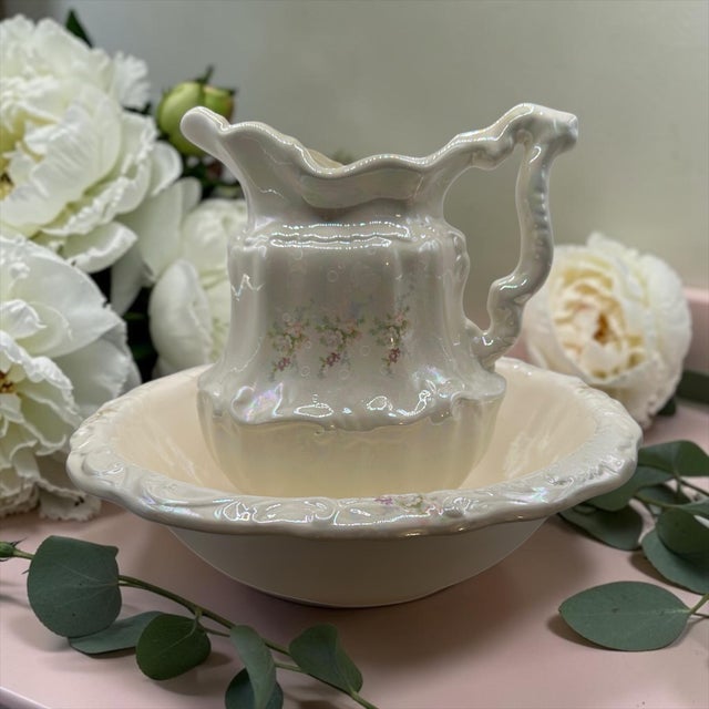 This decorative, Victorian-inspired set features a luminous white iridescent lusterware finish that catches the light with...