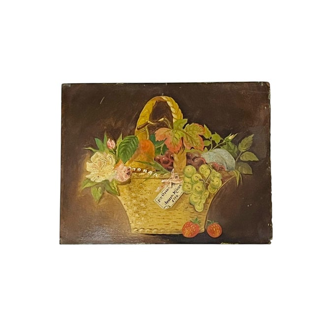Beautiful pair of 19th century baskets overflowing with fruit and flowers. Artist name and date are painted in both...