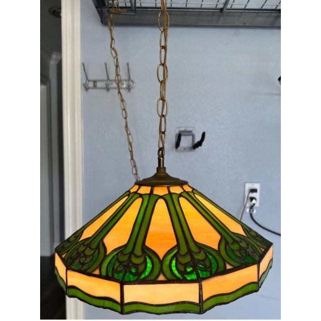 Antique Arts & Crafts J.A. Whaley & Co. Rare Mixed Slag & Stained Glass 12-Sided Swag Pendant Chandelier Lamp This...