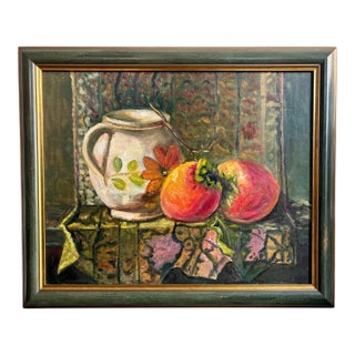 Vintage Mid Century Still Life Oil Painting With Persimmons, Framed For Sale