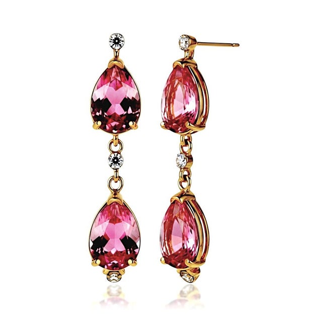 Modern 14k Yellow Gold Natural Pink Topaz and Diamond Long Drop Earrings For Sale - Image 3 of 12