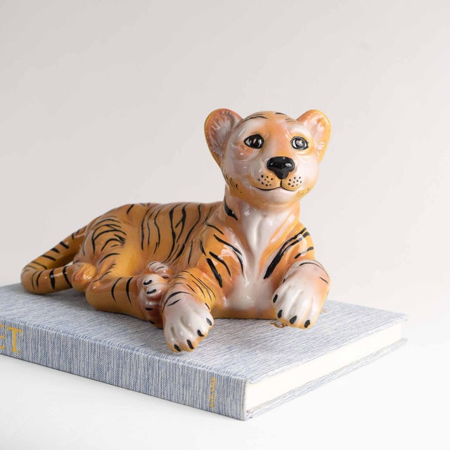 1970s Vintage Hand-Painted Ceramic Tiger Cub Figurine For Sale - Image 5 of 10