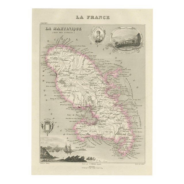 Antique Map of Martinique, Fort-Royal and the Caravelle, 1860 For Sale