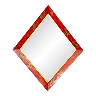 English Diamond Shaped Mirror With Red Lacquer Chinoiserie Frame (Two Available) For Sale