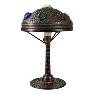 Art Nouveau Table Lamp in Metal with Multicolored Glass Cabochons, 1890s For Sale