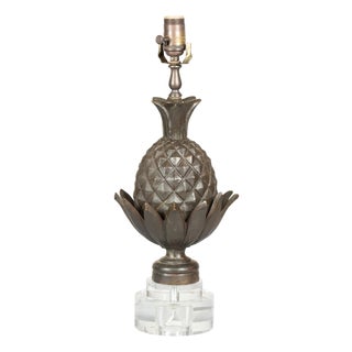 Mid 20th Century English Bronze Pineapple Wired Table Lamp with Round Lucite Base For Sale