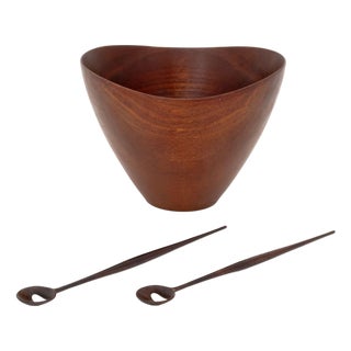 Ernst Henriksen Teak Salad Bowl Set, With Pair of Salad Servers For Sale