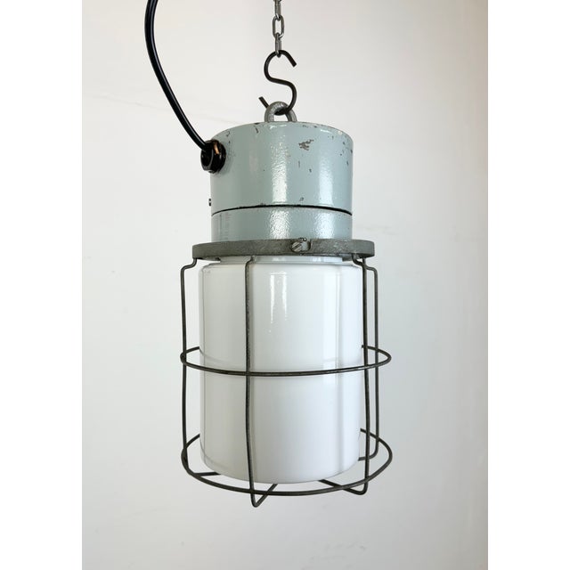 Gray Industrial Aluminium Cage Light with Milk Glass from Elektrosvit, 1970s For Sale - Image 8 of 15