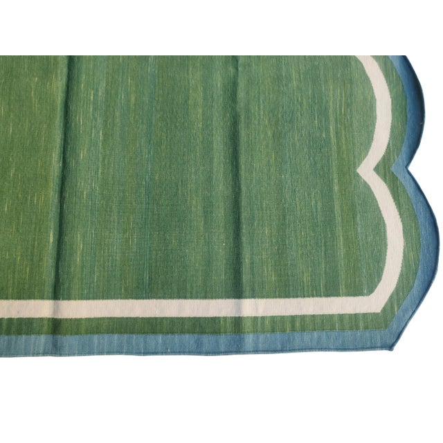 Casa Cosima Handmade Cotton Scalloped Rug, Forest Green with Cream and Blue Border 8'x10' For Sale - Image 4 of 8