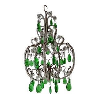 French Beaded Emerald Green Prisms Petit Beaded Small Chandelier, Circa 1920 For Sale