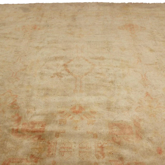 1920s Hand Knotted Antique Oushak Rug in Orange Beige Geometric Pattern For Sale - Image 5 of 7