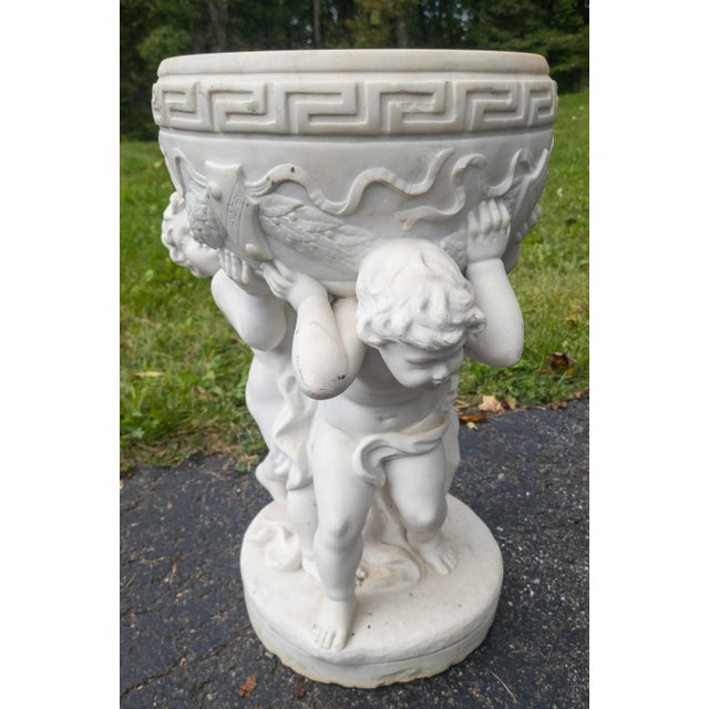 Victorian 19th Century Italian Carved White Marble Garden Planter With Cherubs For Sale - Image 3 of 12