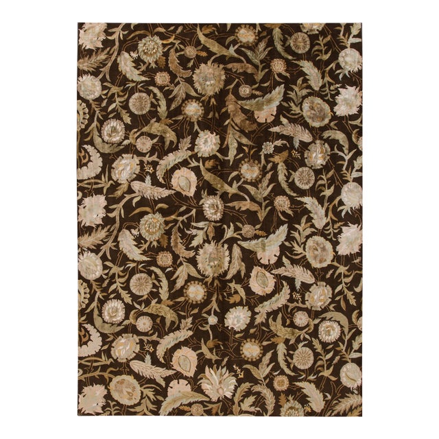 2010s Brown Modern Ikat Handmade Floral Pattern Designed Wool Rug For Sale