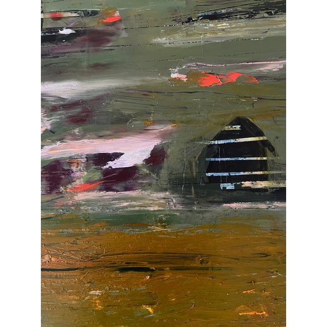 This is an oil painting depicting two houses in an abstract landscape. A field is in the foreground. My aim was to...