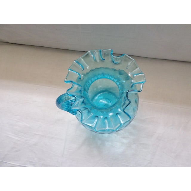 Glass Antique Northwood Hand Blown Blue Coin Dot Pitcher With Blue Ribbed Handle For Sale - Image 7 of 8