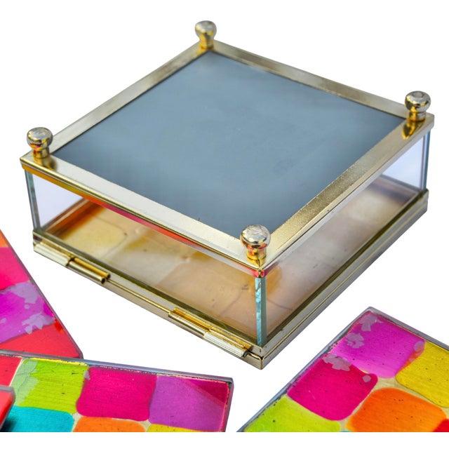 Metal Mid 20th Century Handmade Colorful Glass Coasters With Footed Box Set- 7 Pieces For Sale - Image 7 of 8
