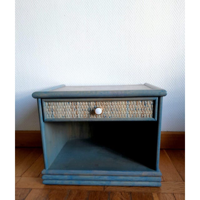 Blue Vintage Rattan Bedside Tables in the the style of Maugrion, 1980s, Set of 2 For Sale - Image 8 of 11