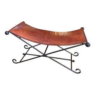 Rustic Leather and Iron X-Frame Bench For Sale