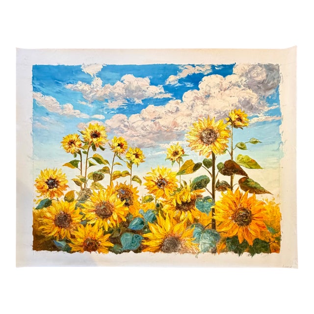 Sunflower Field Under Blue Skies — Original Oil Painting, Unstretched, 30" × 40" For Sale