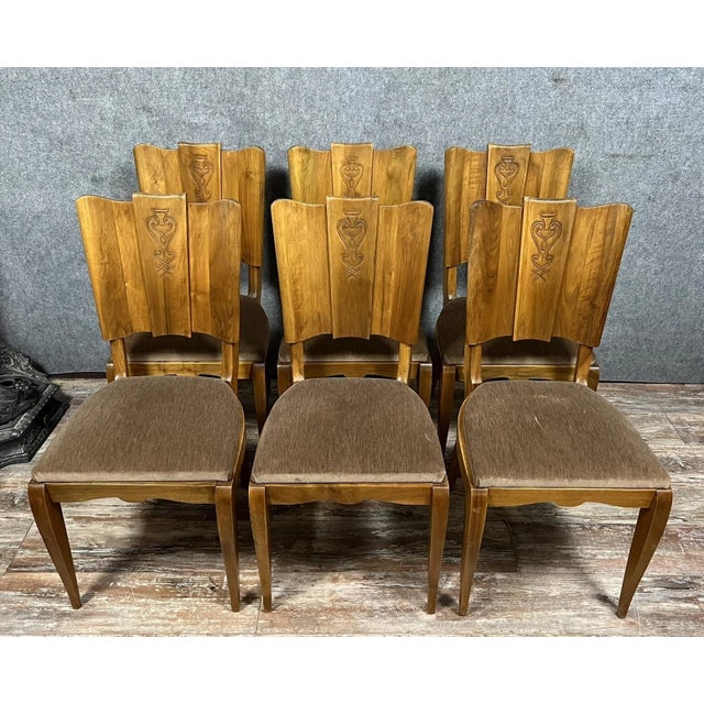 Wood Vintage Art Deco Walnut Chairs with Fan-Shaped Backs, 1930, Set of 6 For Sale - Image 7 of 7