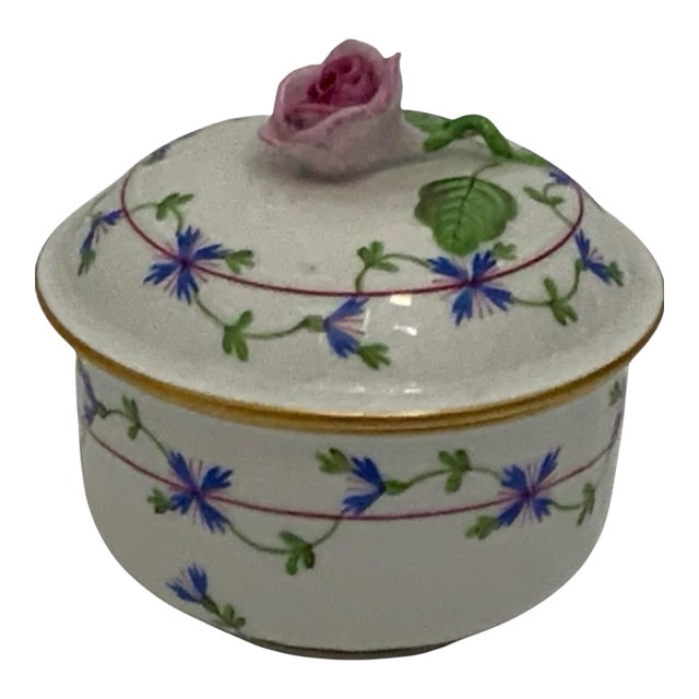 Vintage Herend Blue Garland PBG Covered Sugar Bowl Bonbonniere Rose Finial Model 1162 Hungary C. 1980s For Sale