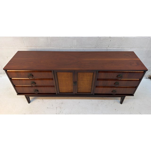 Mid-Century Modern Walnut and Cane Nine Drawer Dresser For Sale - Image 4 of 16