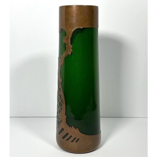 Rare & Original Loetz Green Aventurine Art Glass with Copper Mount for your consideration. The vase is a nice large size,...