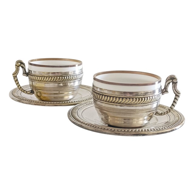 19th Century Victorian Alpaca Silver Coffee Cups and Plates, England, Set of 4 For Sale